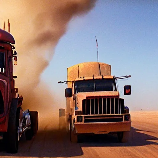 Image similar to argosy tractor trailer truck in mad max : fury road, midday light, dust storm,