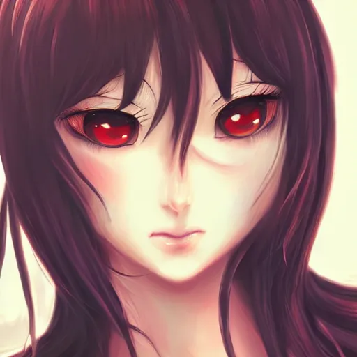 Image similar to professional anime digital art of a beatiful girl with long black hair; red eyes; face portrait; beautiful, appealing face, trending art