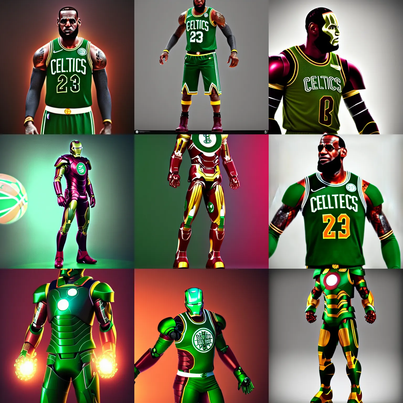 Prompt: lebron james in a boston celtics iron man suit, fantasy concept design, trending on artstation, octane render