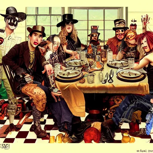 Image similar to steampunk kid rock at thanksgiving dinner with a group of juggalos, in the style of norman rockwell,