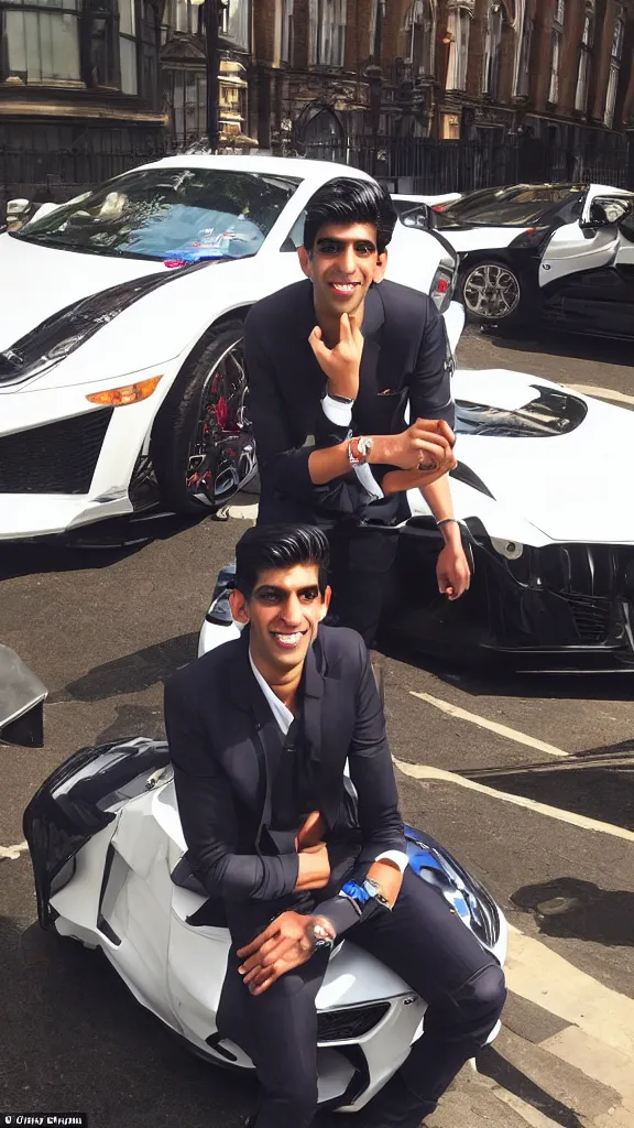 Image similar to rishi sunak completely blinged out, next to a sports car in mayfair