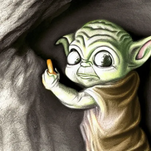 Prompt: caveman drawing of baby yoda, primitive, on a cave wall, chalk