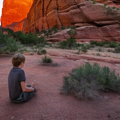 Prompt: award winning cinematic still of a young boy praying in zion national park, rock formations, colorful sunset, epic, cinematic lighting, dramatic angle, heartwarming drama directed by Steven Spielberg
