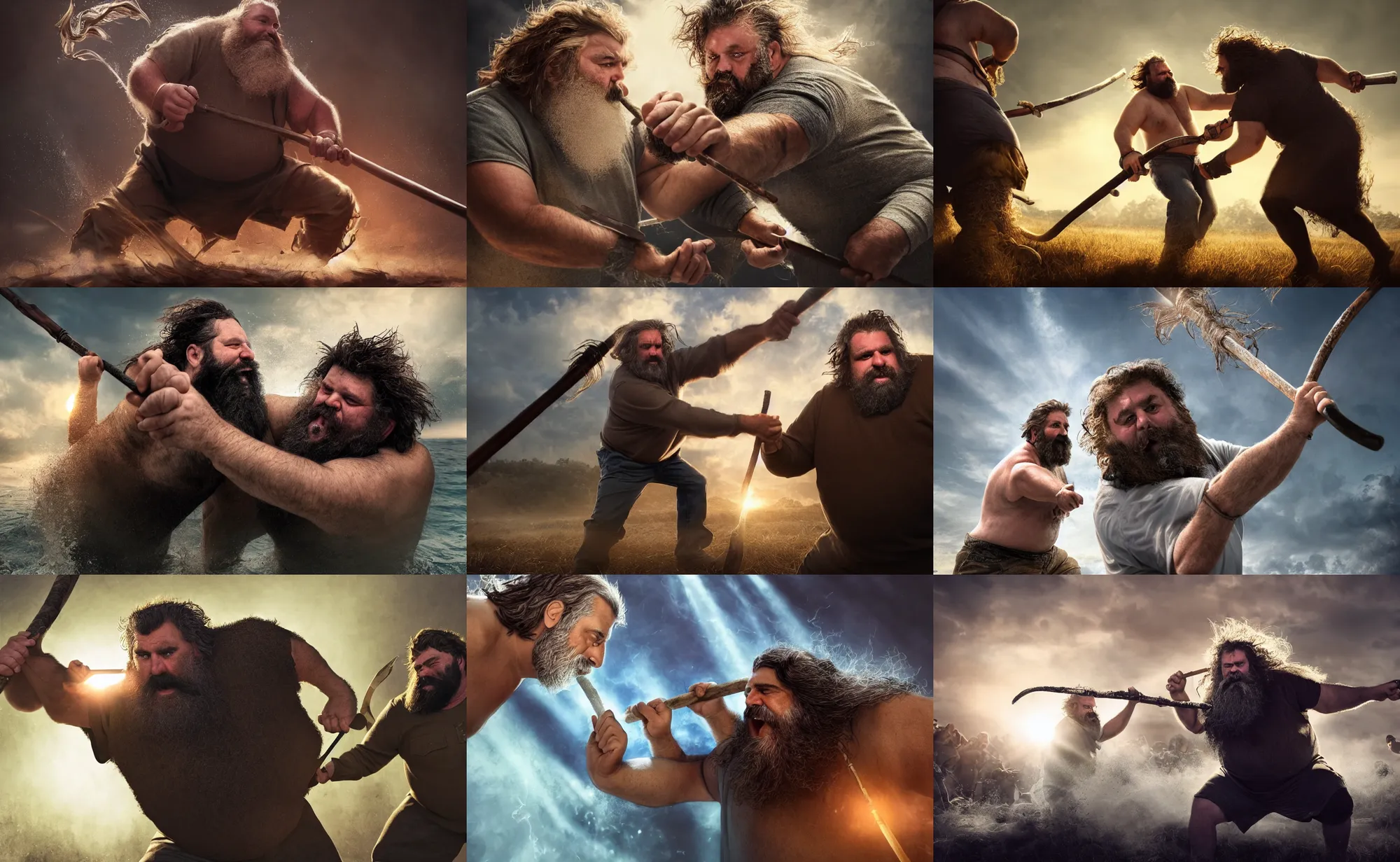 Prompt: cinematic artwork of a large middle aged man with scraggly medium hair and a beard fighting in battle with a staff by greg rutowski, 4 k, masterpiece, sun rays