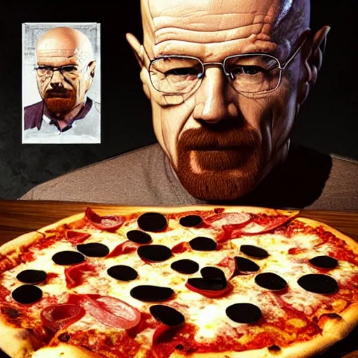 Image similar to pizza made of walter white, unreal, render, splash, award winning photograph