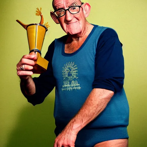 Prompt: a portrait photograph of Jim Bowen in a string vest award winning photography