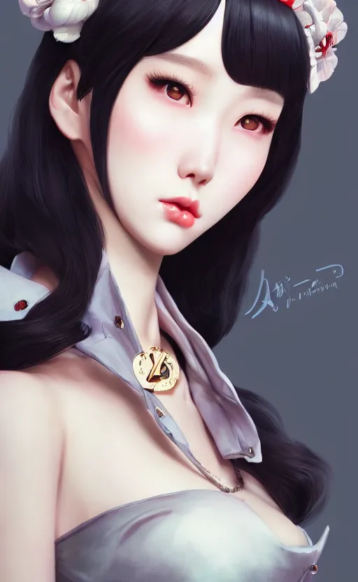 Image similar to a pin up and beautiful fashion charming dreamlke korea girl with lv jewelry, character art, art by artgerm lau and kyoung hwan kim and and ilya kuvshinov and john singer sargent, hyperdetailed, 8 k realistic, symmetrical, frostbite 3 engine, cryengine, dof, trending on artstation, digital art