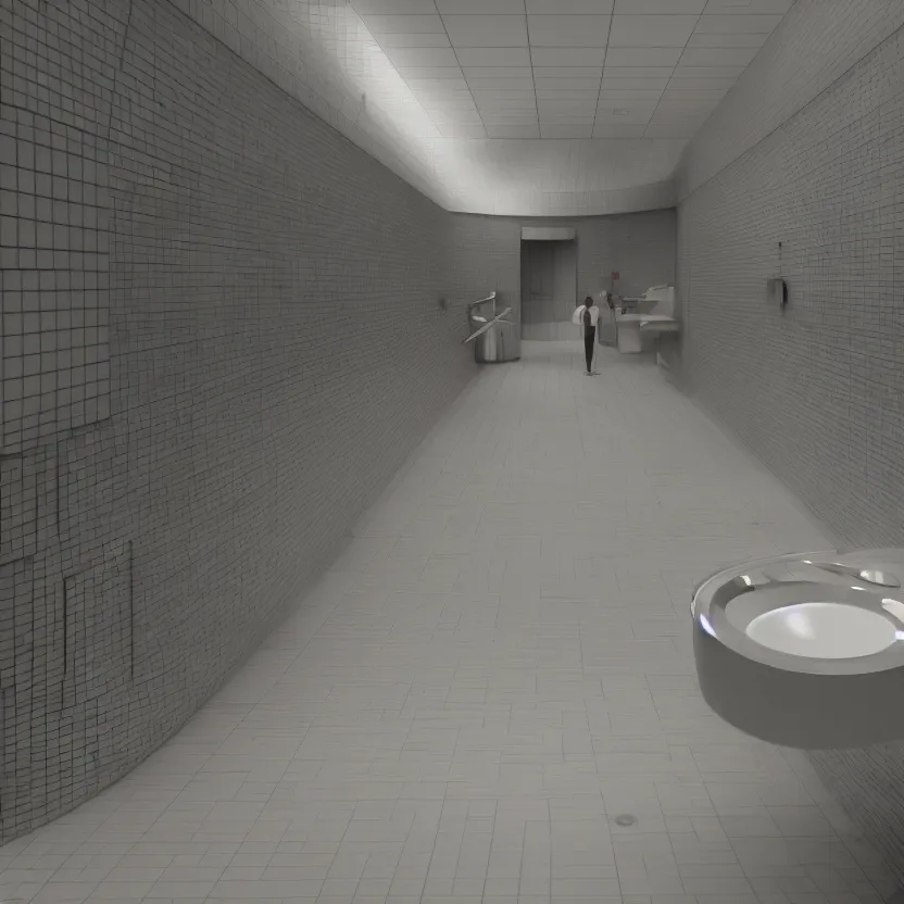 Image similar to an infinite public restroom with endless stalls and endless sinks fading into the distance, cinematic lighting, volumetric lighting, award winning photography, highly detailed, intricate, sharp focus, 4 k wallpaper, unreal engine, 9 0 mm, f / 1. 4