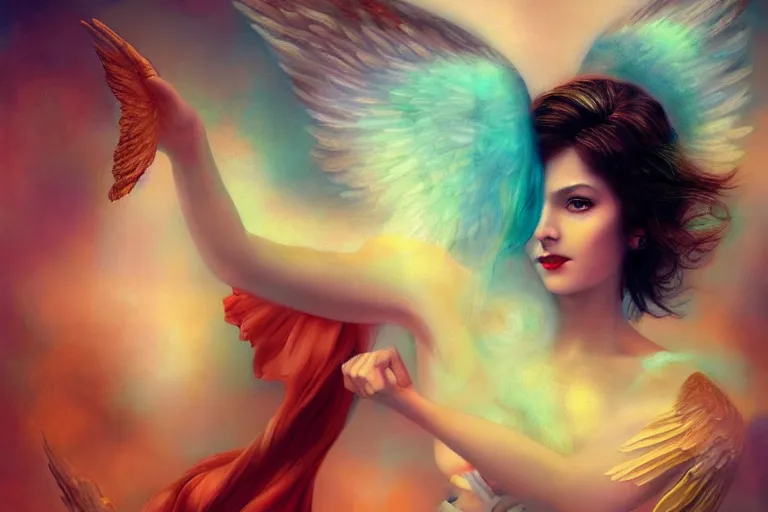 Image similar to pretty angel girl with wings photograph in the style of tom bagshaw, colorful, realistic, 8 k