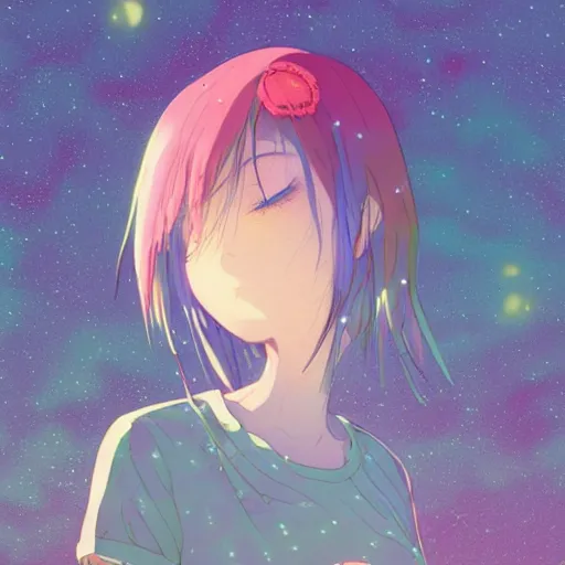 Image similar to a super detailed moe protagonist girl with pink hair in a field by inio asano, beeple and james jean, aya takano color style, 4 k, super detailed, night sky, digital art, digital painting, celestial, majestic, colorful