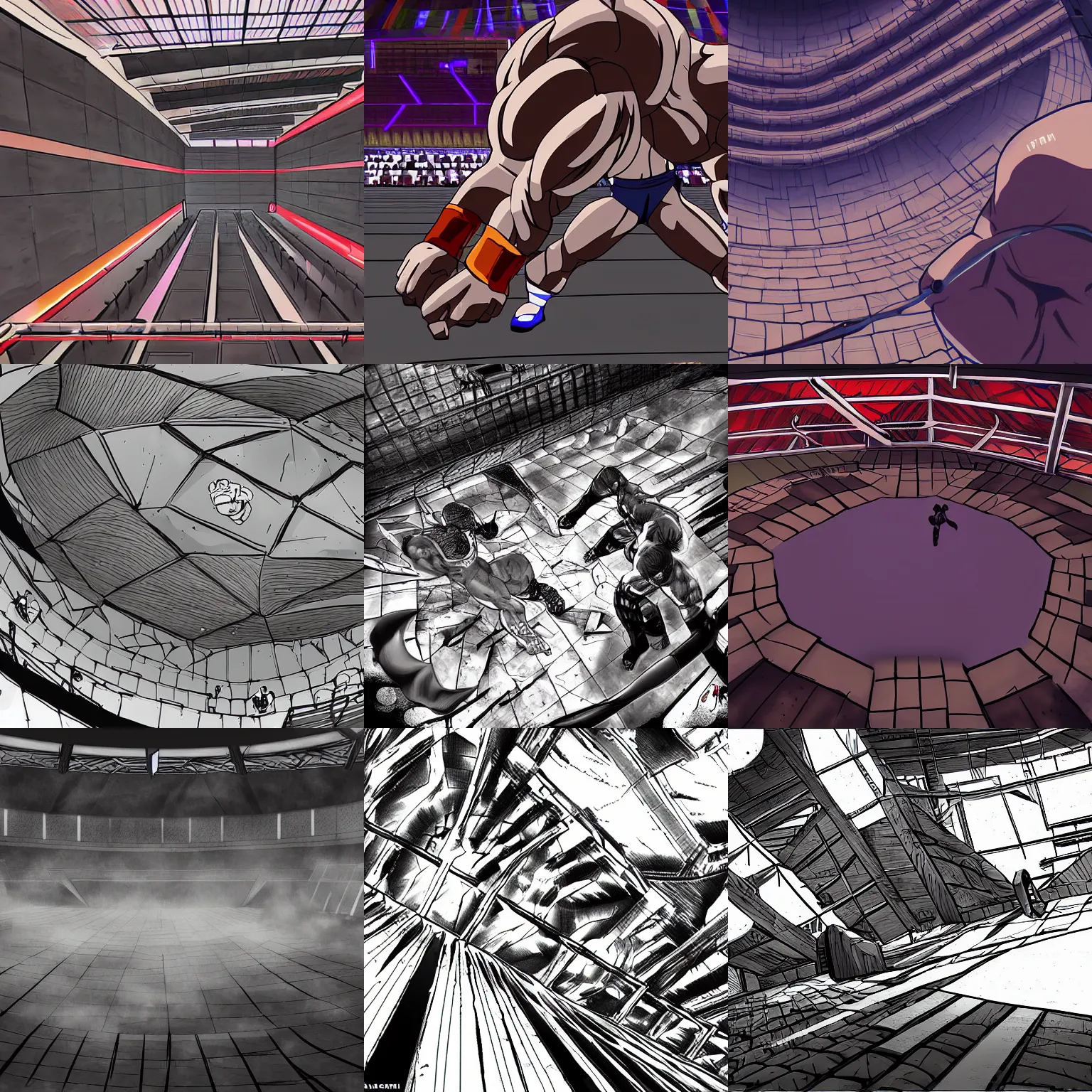 Prompt: fighting arena first person view from the ground looking up, digital art, cinematic lighting, anime manga style, baki the grappler