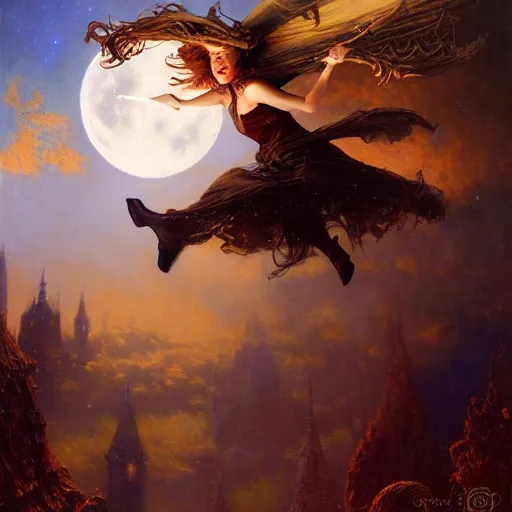 Image similar to witch flying, trough the night, fantasy, full moon in background. highly detailed painting by gaston bussiere, craig mullins, j. c. leyendecker 8 k