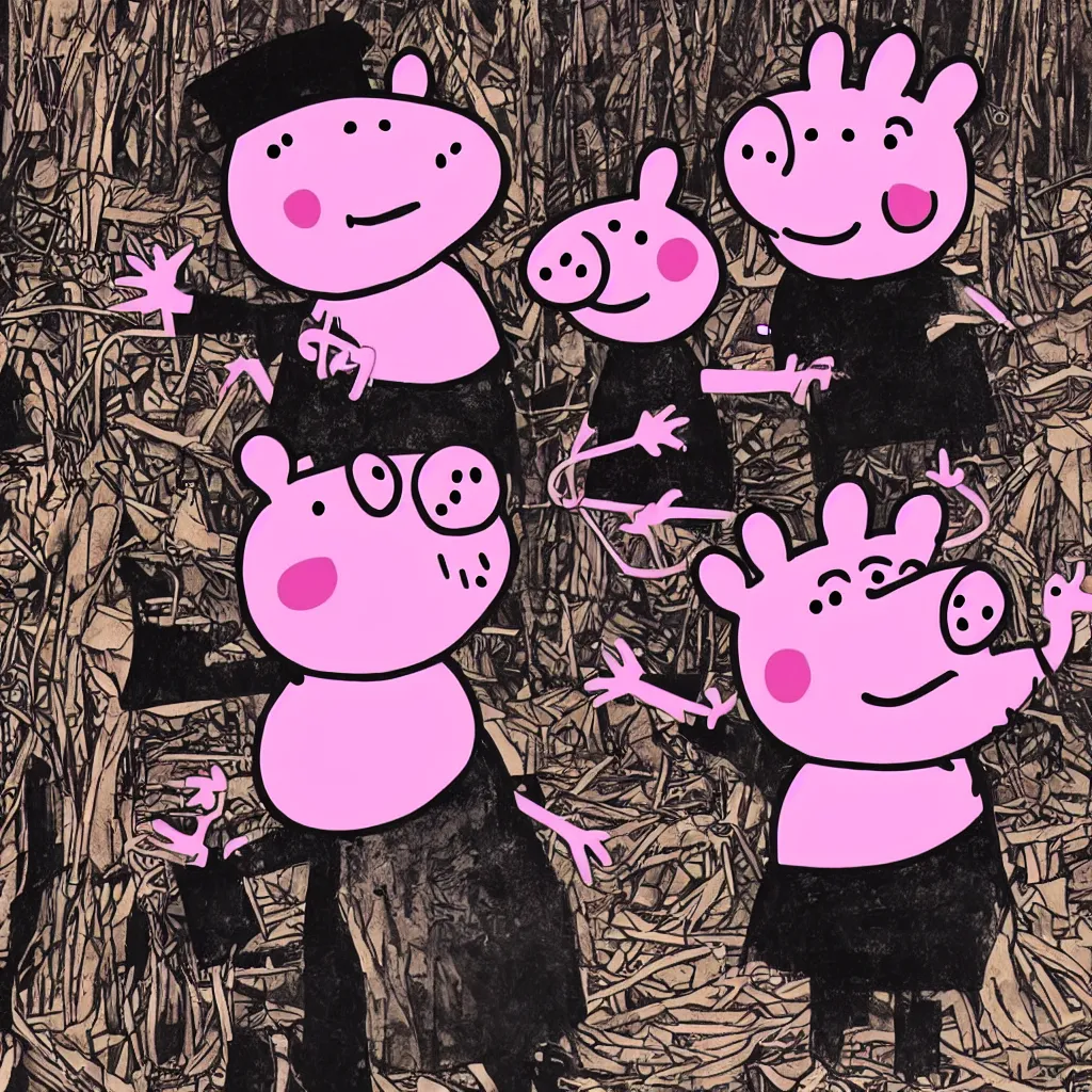 Image similar to Peppa the pig in a black metal band