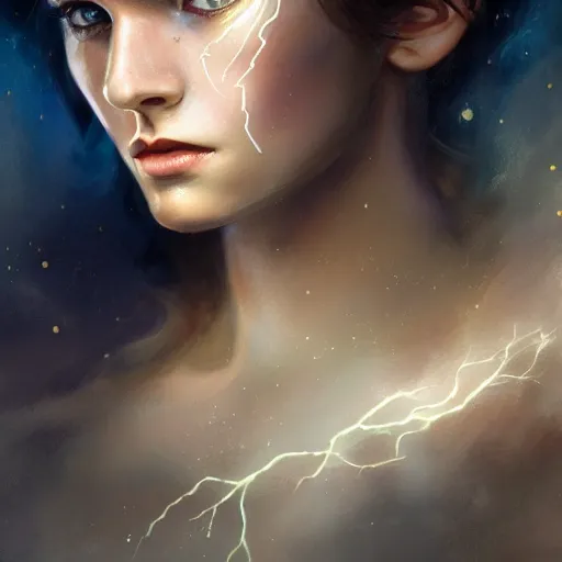 Image similar to lightning angel character portrait, lean face, cinematic lighting, glowing golden eyes, hyper-detailed, cgsociety, 8k, high resolution, in the style of Charlie Bowater, Tom Bagshaw, single face, symmetrical, headshot photograph, insanely detailed and intricate, beautiful, elegant, watercolor, cinematic, portrait, Raphaelite, headroom, artstation