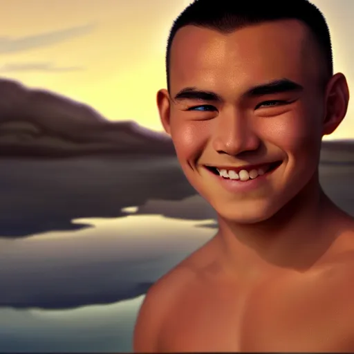 Image similar to beautiful serene intricate photograph of sokka from the water tribe as an inuit young man with light blue eyes, smiling confidently, relaxing on the beach, golden hour, soft focus, 8 k, art by irakli nadar, hyperrealism, hyperdetailed, ultra realistic