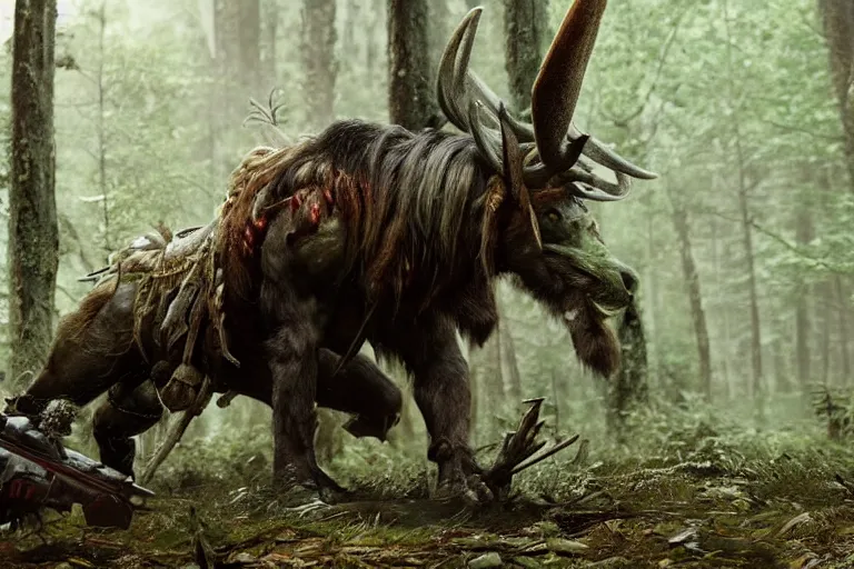 Image similar to vfx movie closeup detailed ancient warrior orc hunting elk in the forest, natural lighting by emmanuel lubezki