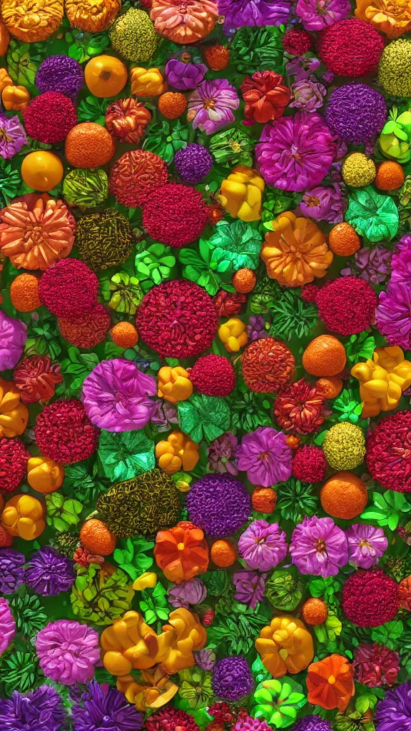 Prompt: a detailed render of a modular synth made of flowers and fruits, redshift renderer, hyperdetailed, 4k, soft lit