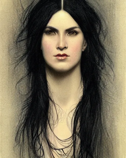 Image similar to portrait of a tall 4 0 - year - old woman with thin lips, long, lush black hair gathered on the head, and thick eyebrows, wearing in black clothes, aristocratic appearance, hyper realistic face, beautiful eyes, close up, fantasy art, in the style of greg rutkowski, intricate, alphonse mucha, hyper detailed, smooth