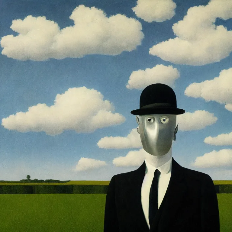 Image similar to portrait of a faceless chrome - head man in a suit and black gloves, clouds and nature landscape in the background, by rene magritte, detailed painting, distance, centered, hd, hq, high resolution, high detail, 4 k, 8 k