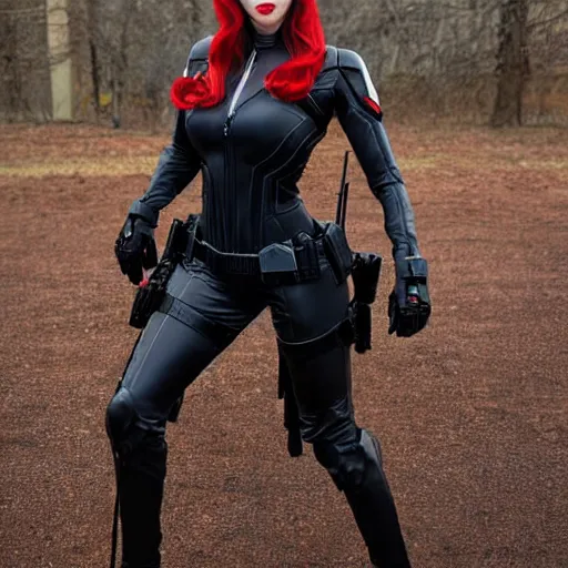 Image similar to A still photograph of Amouranth as Black Widow,