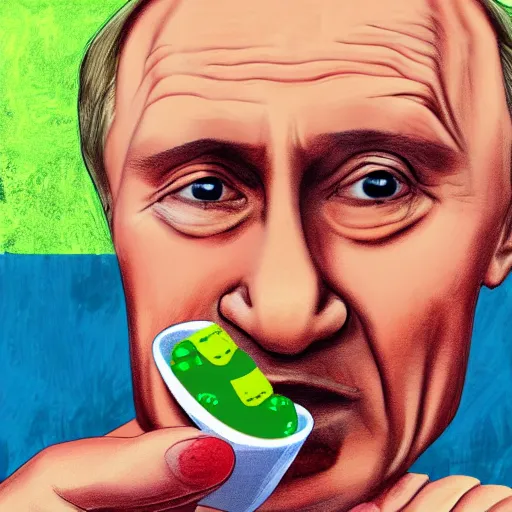 Prompt: a person looking like vladimir putin eating piccolo with sponch bob, digital painting