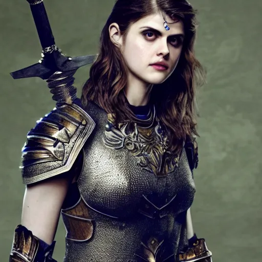 Image similar to full shot photo of alexandra daddario as a warrior with sapphire encrusted armour