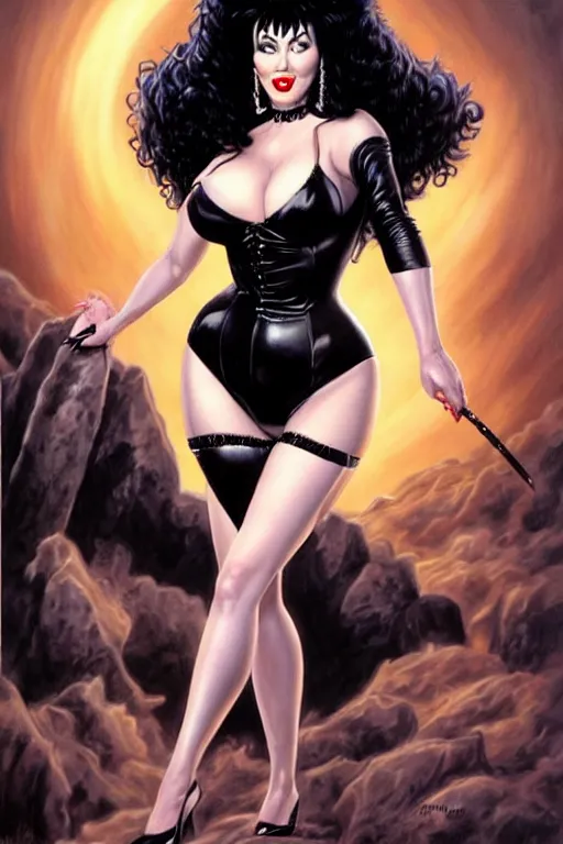 Image similar to a ( beautiful masterpiece highly detailed ) full body portrait illustration of intimate alluring elvira! mistress of the dark by ralph horsely and artgerm and joe jusko, raven black hair, porcelain white skin. betty page, curvy. trending on artstation