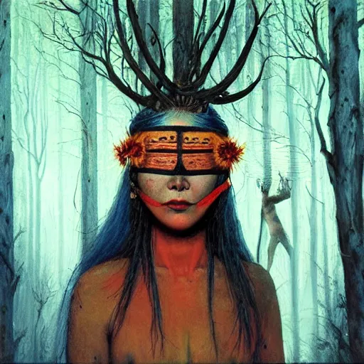 Image similar to A young blindfolded shaman woman with a decorated headband from which blood flows, blue hair and wood on her head. The background is a forest on fire, made by Esao Andrews and Karol Bak and Zdzislaw Beksinski