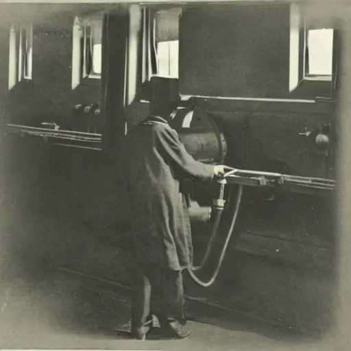 Image similar to archive photograph, 1856, train conductor uses a 3d printer on a steam engine