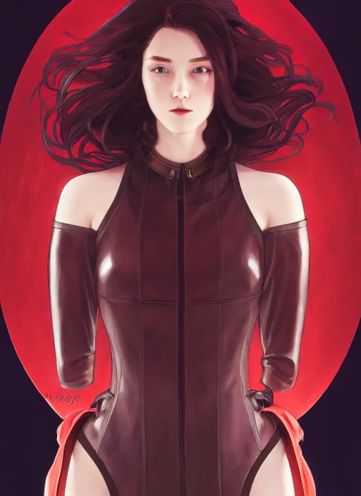 Prompt: pretty young woman with shoulder length shiny shimmering dark red hair and wearing leather suit, path traced, highly detailed, high quality, digital painting, by studio ghibli and alphonse mucha, leesha hannigan, makoto shinkai, disney