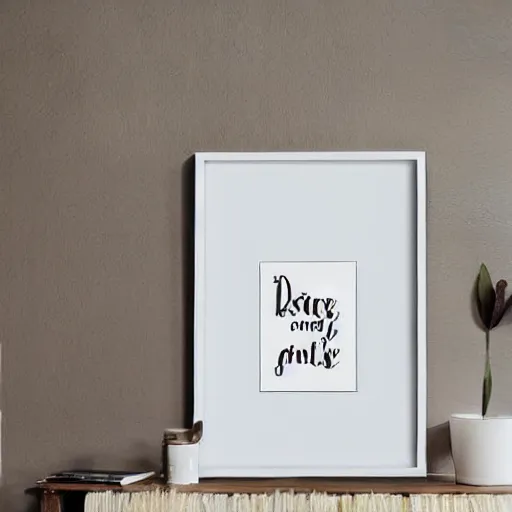 Prompt: a minimalist mockup photo with large blank frame, in a boho style studio, trending on etsy