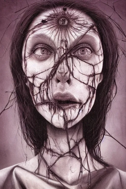 Prompt: surrealism crayon cartoon grunge portrait of a creepy horror nurse girl . intricate artwork. nightmare fuel. terrifying. by zdzisław Beksiński, wlop, dan mumford , trending on artstation, greg rutkowski very coherent symmetrical artwork. cinematic, hyper realism, high detail, octane render, 8k