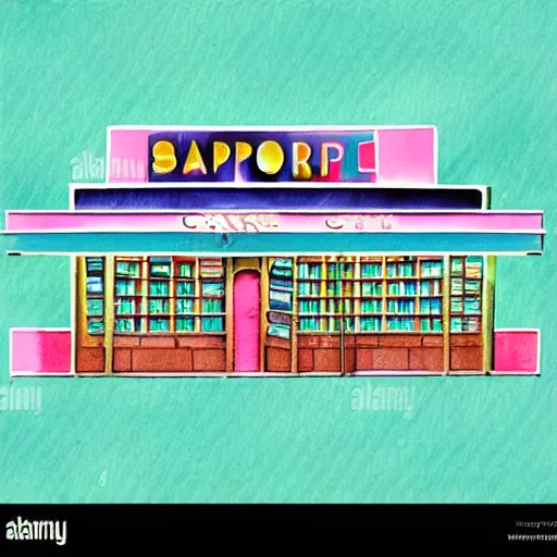 Image similar to art deco vaporwave watercolor illustration of a bookstore, in pastel and bright colors