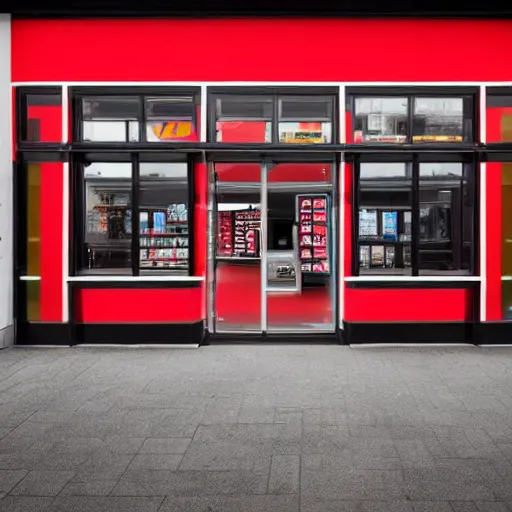 Image similar to Shopfront of a convenience store in black and red colours, award winning architectural design, best of retail