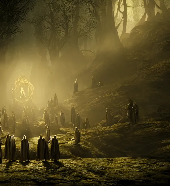 Image similar to movie still of the council of the ring, lotr, dramatic lighting, creepy, dslr, shallow depth of field, cryengine, lumion render, 8 k realistic hyper detailed, artstation, ray tracing, realistic shaded