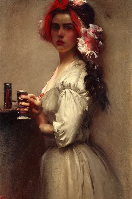 Image similar to Solomon Joseph Solomon and Richard Schmid and Jeremy Lipking victorian genre painting full length portrait painting of a young beautiful woman traditional german barmaid in fantasy costume, red background