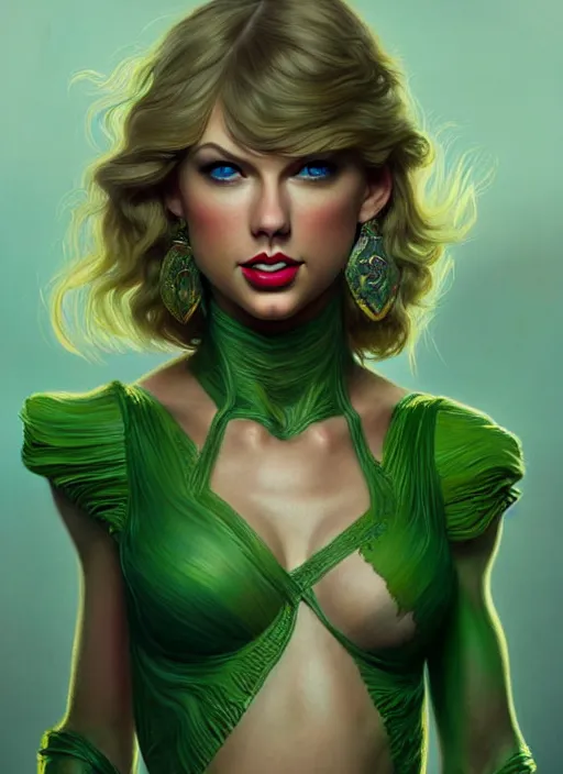 Image similar to portrait of taylor swift as a goblin, d & d, muscular! green, fantasy, intricate, elegant, highly detailed, digital painting, artstation, concept art, smooth, sharp focus, illustration, art by artgerm and greg rutkowski and alphonse mucha