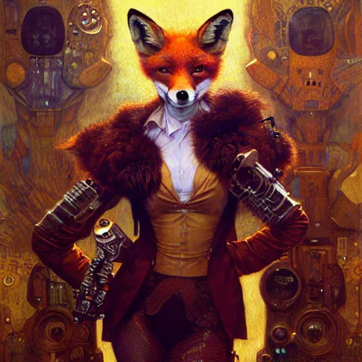 Image similar to portrait of a female fox in suit. shadowrun furaffiniy cyberpunk fantasy highly detailed painting by gaston bussiere craig mullins jc leyendecker gustav klimt artgerm greg rutkowski john berkey, bergey, craig mullins, ruan jia, raymond swanland, jeremy mann, tom lovell, alex malveda