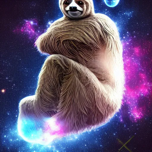 Prompt: geometric symmetrical sloth with galaxy eyes in space, nebula in the background, intricate, elegant, highly detailed, digital painting, artstation, concept art, smooth, sharp focus, illustration, art by artgerm