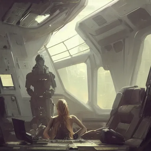 Image similar to concept art by greg rutkowski, a very tall, and slender woman with blond hair, sitting with the crew in the ship's flight deck, brutalist futuristic interior, dark lighting atmosphere, detailed portraits, nostalgic atmosphere, scifi, digital painting, artstation, concept art, smooth, sharp foccus ilustration, artstation hq