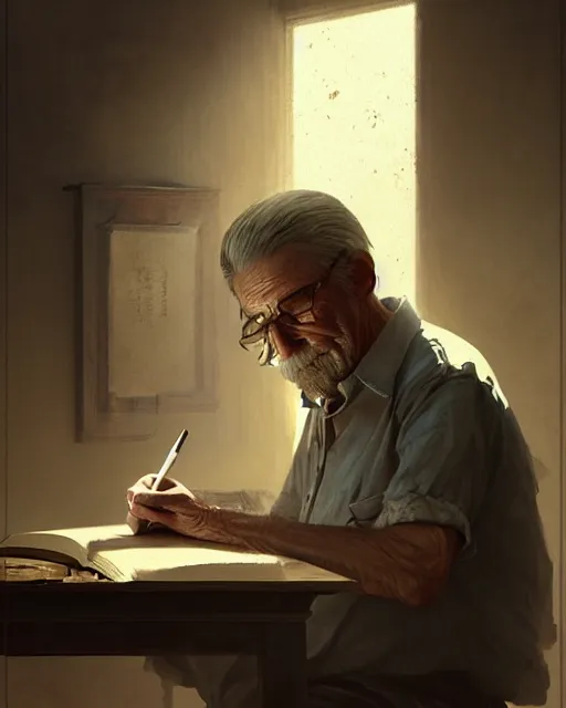 Image similar to old male scribe writing a book | | realistic shaded, fine details, realistic shaded lighting poster by greg rutkowski, diego gisbert llorens, magali villeneuve, artgerm, jeremy lipkin and rob rey