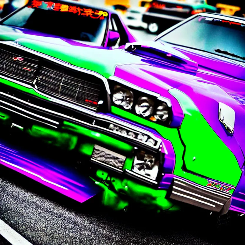 Image similar to close-up JZX100 twin turbo drift jet engine monster truck drag racer cowboy Cadillac in the road, Tokyo prefecture, Japanese architecture, city sunset mist lights, cinematic lighting, photorealistic, detailed alloy wheels, highly detailed purple green snake oil wacky races power ranger bat-mobile transformer car