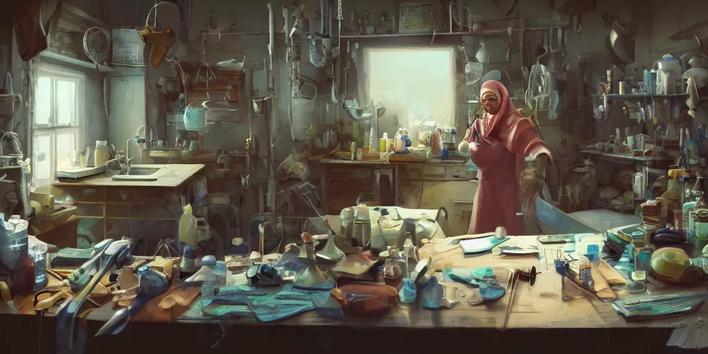 Image similar to an environmental concept art of a babushka surgeon in a cluttered workshop, surigcal impliments, surgery table, highly detailed, cinematic, dramatic