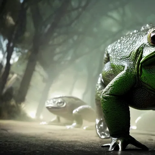 Prompt: Alex Jones bent over on all fours in the foreground. A big green toad stands behind him with an intense look on its face. hyper realistic, dynamic pose, high detail, octane render, unreal engine, 8k, fantasy art, highly detailed, dramatic lighting, concept art