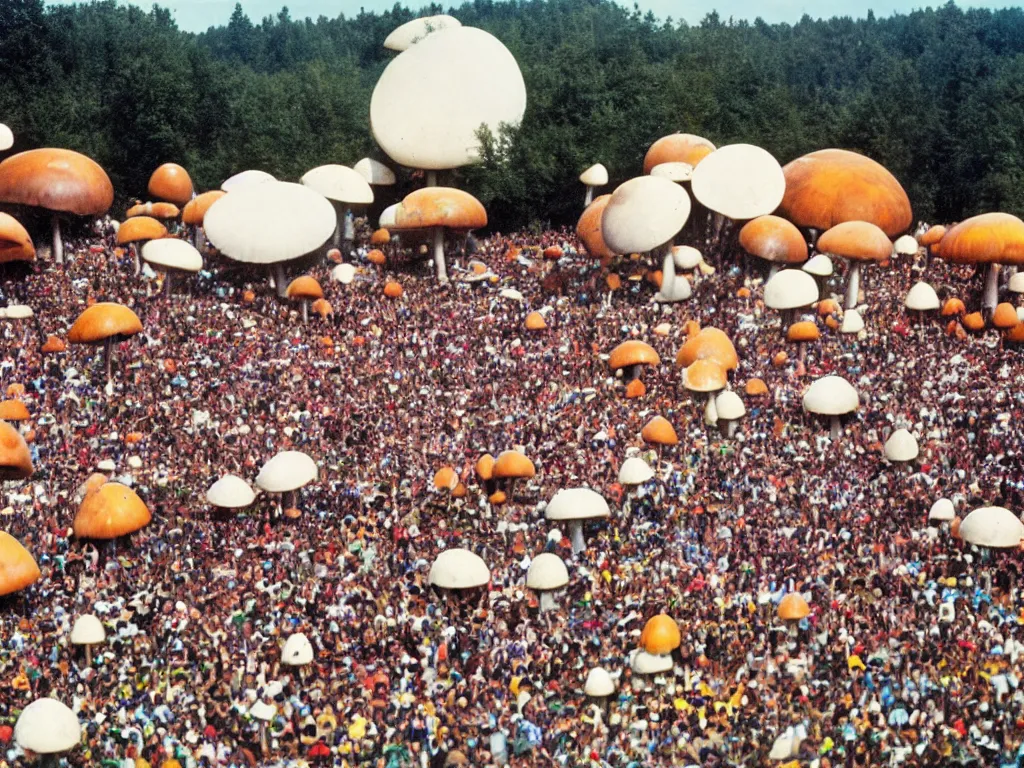 Prompt: 70s photo of trippy hippy festival Woodstock stage with giant mushrooms