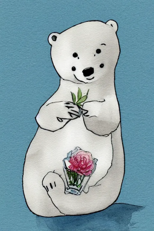 Image similar to a cute anime polar bear holding a porcelain vase, watercolor, white background, lovely