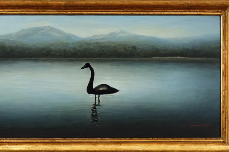 Image similar to oil painting, long view, black swan in the middle of the lake, neodada