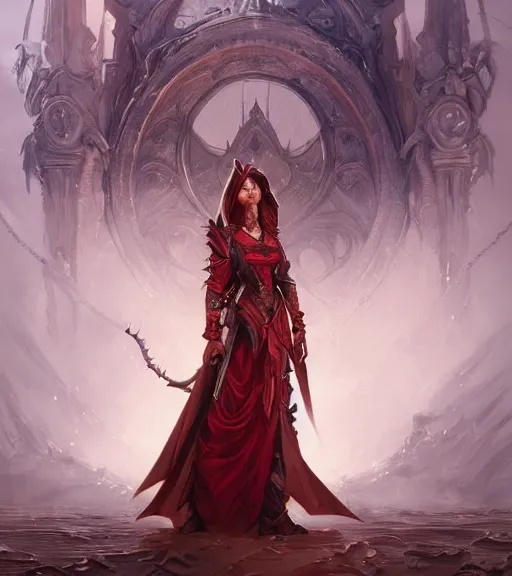 Image similar to demons, full dress, full body portrait, gentle, female, city landscape, d & d, fantasy, intricate, elegant, highly detailed, digital painting, red gold color palette, artstation, octane render, concept art, matte, sharp focus, illustration, hearthstone, art by artgerm and greg rutkowski and alphonse mucha