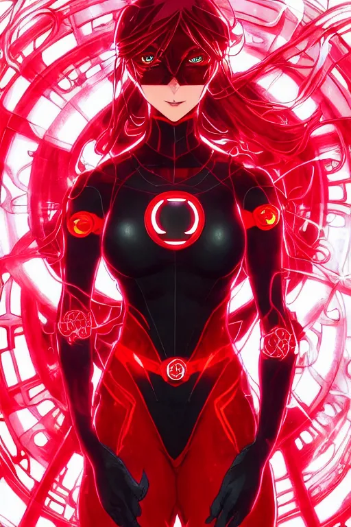 Image similar to anime key visual of a beautiful female red lantern!! intricate, red and black suit, glowing, powers, rage, anger, hate, dc comics, cinematic, stunning, highly detailed, digital painting, artstation, smooth, hard focus, illustration, art by artgerm and greg rutkowski and alphonse mucha