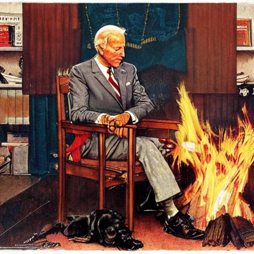 Prompt: a norman rockwell painting of the Joe Biden sitting in a chair, cozy fire, award winning,